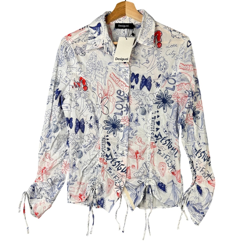Desigual Cam Emma Doodle Graphic Print Ruched Button Up Shirt White Small NEW